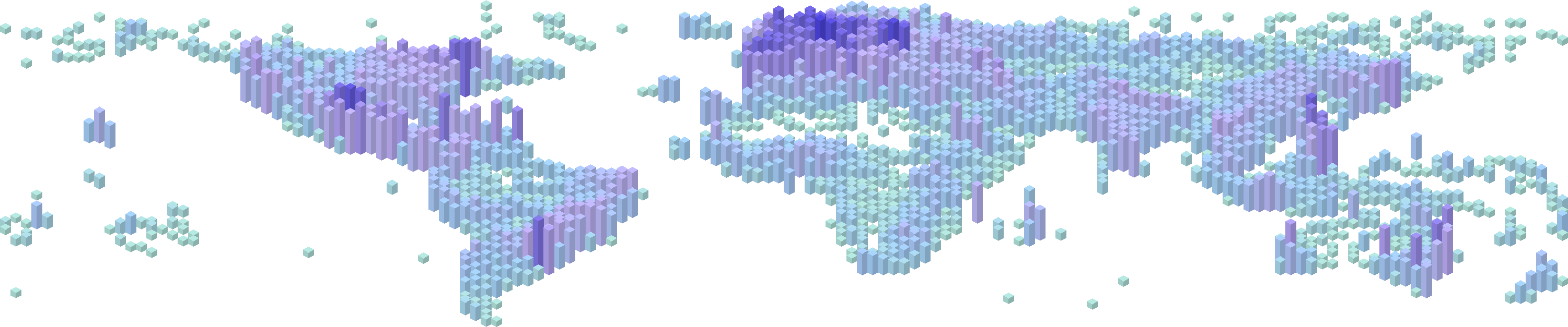 Isometric world map in columns; column height is the number of cities per grid cell